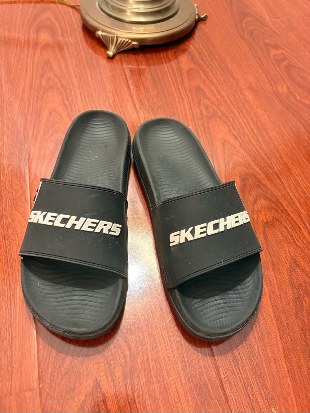 Skechers Black Slide Sandals with White Logo size 10